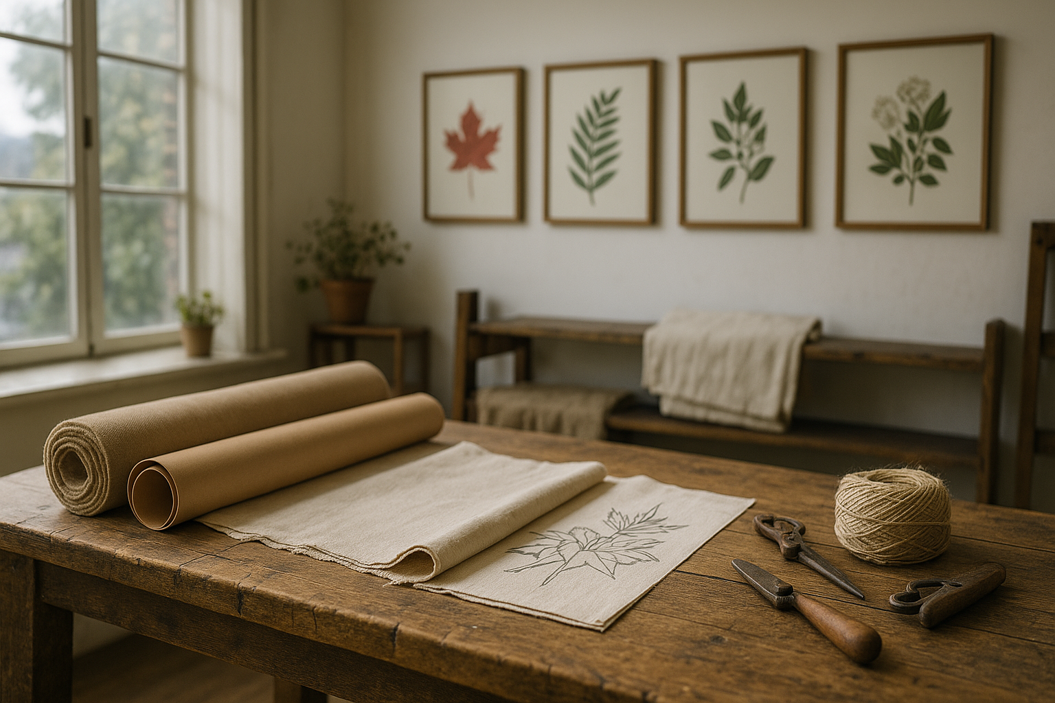 Artisan workspace with natural fabrics, botanical sketches, twine, and tools on a wooden table — reflecting VELU’s handcrafted and sustainable design ethos