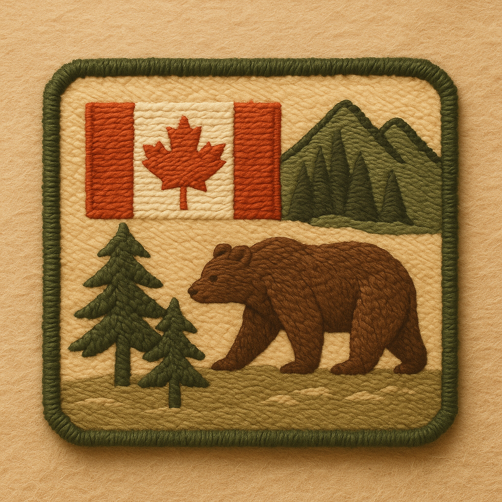 Embroidered patch featuring Canadian flag, bear, pine trees, and mountains — symbolizing nature and identity in VELU Canada apparel