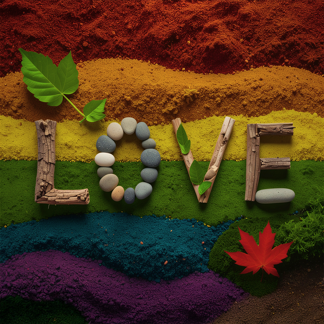 LOVE spelled with natural materials like wood, stones, and leaves on a vibrant rainbow background — symbolizing nature, diversity, and pride values of VELU