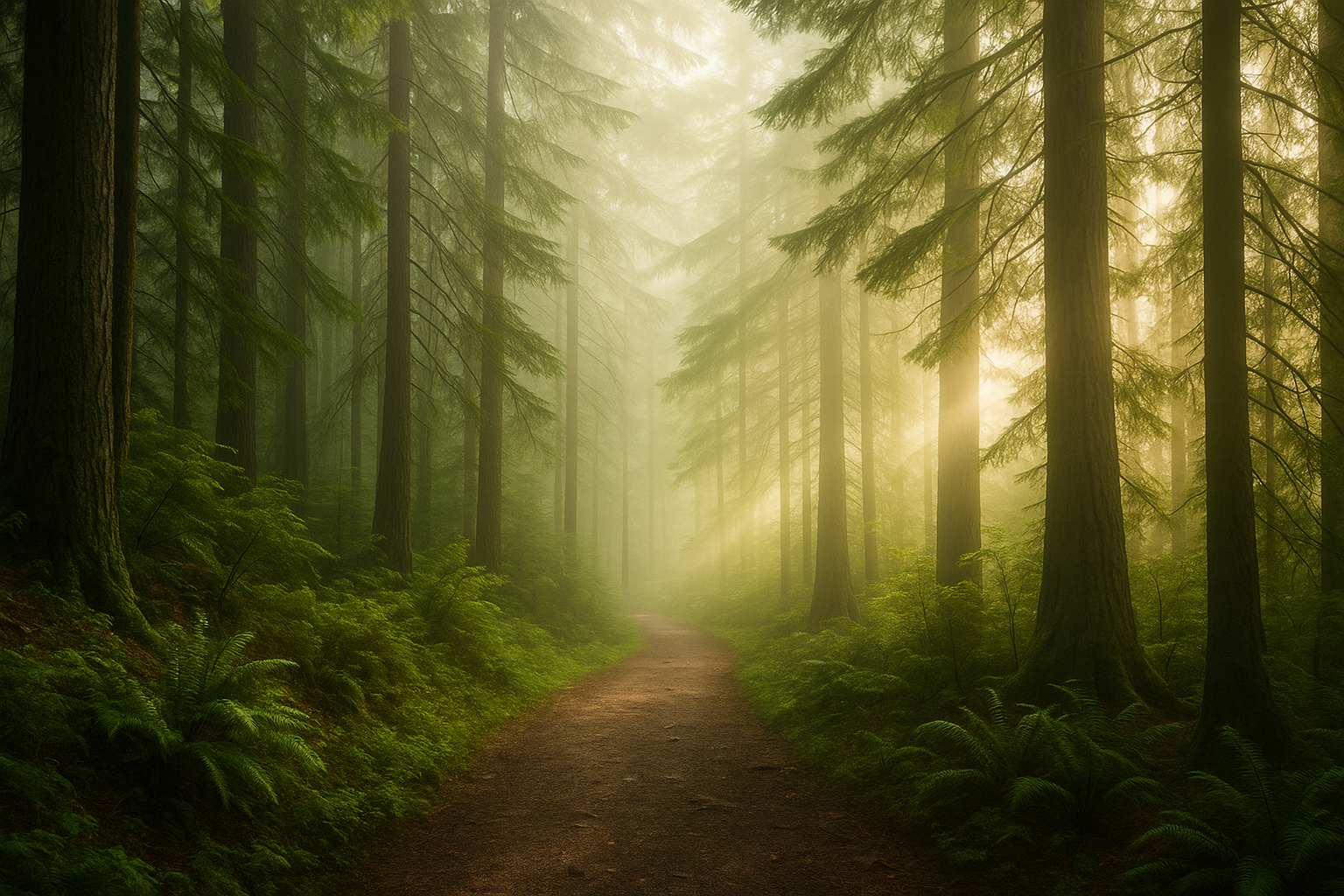 Peaceful forest path with morning mist and sunbeams filtering through tall trees — representing VELU’s connection to Canadian wilderness