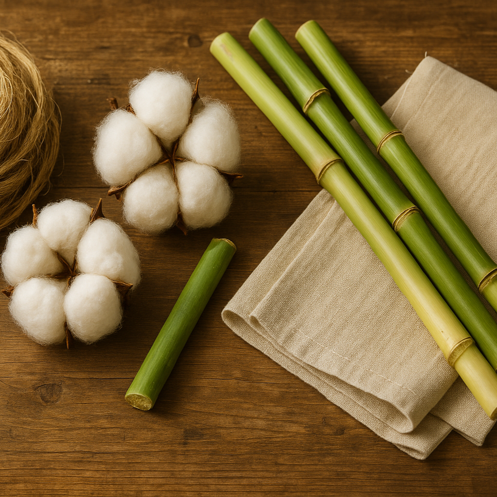 Organic cotton, bamboo stalks, linen fabric, and natural yarn on a wooden surface — showcasing VELU’s sustainable material choices