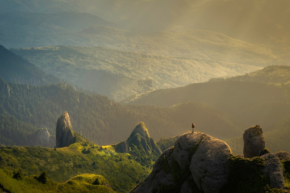 A lone adventurer standing atop a mountain, gazing out over a vast forest, symbolizing the call to join the VELU Movement for sustainable living and freedom.