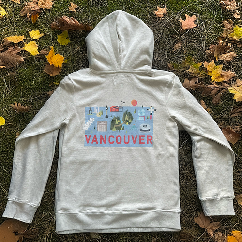 Back view of the Vancouver Landmarks Hoodie by VELU, featuring a unique Vancouver-inspired design on sustainable fabric.