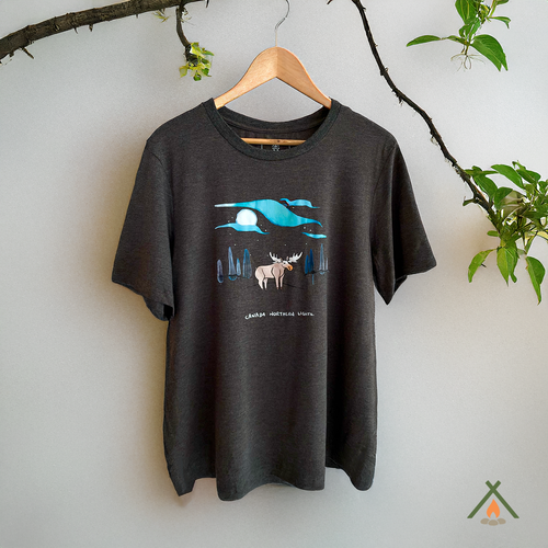 Dark grey sustainable t-shirt by VELU featuring a moose under the northern lights. Made in Canada from a bamboo rayon and cotton blend.