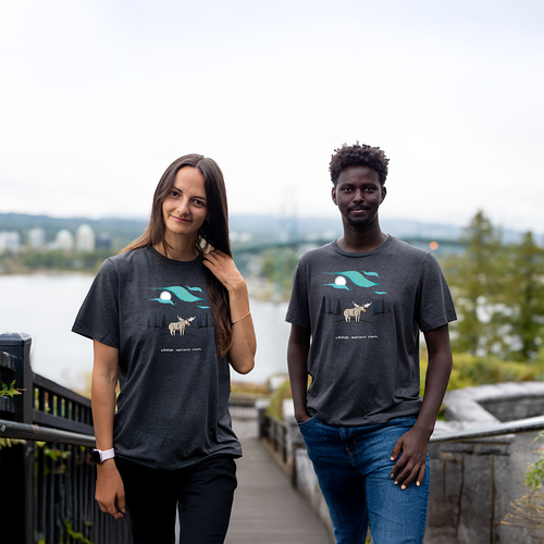 Two people wearing charcoal grey “Aurora Horizon” VELU T-shirts featuring a moose under northern lights, standing outdoors in Vancouver. Ethically made in Canada.