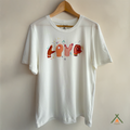 White sustainable t-shirt by VELU featuring the word “LOVE” formed by illustrated hands in diverse skin tones. Made in Canada from a soft lyocell and organic cotton blend.