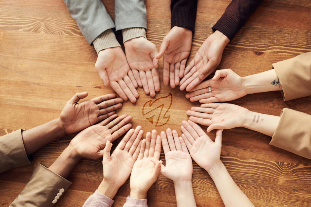 Group of hands joined together, symbolizing unity in VELU’s mission