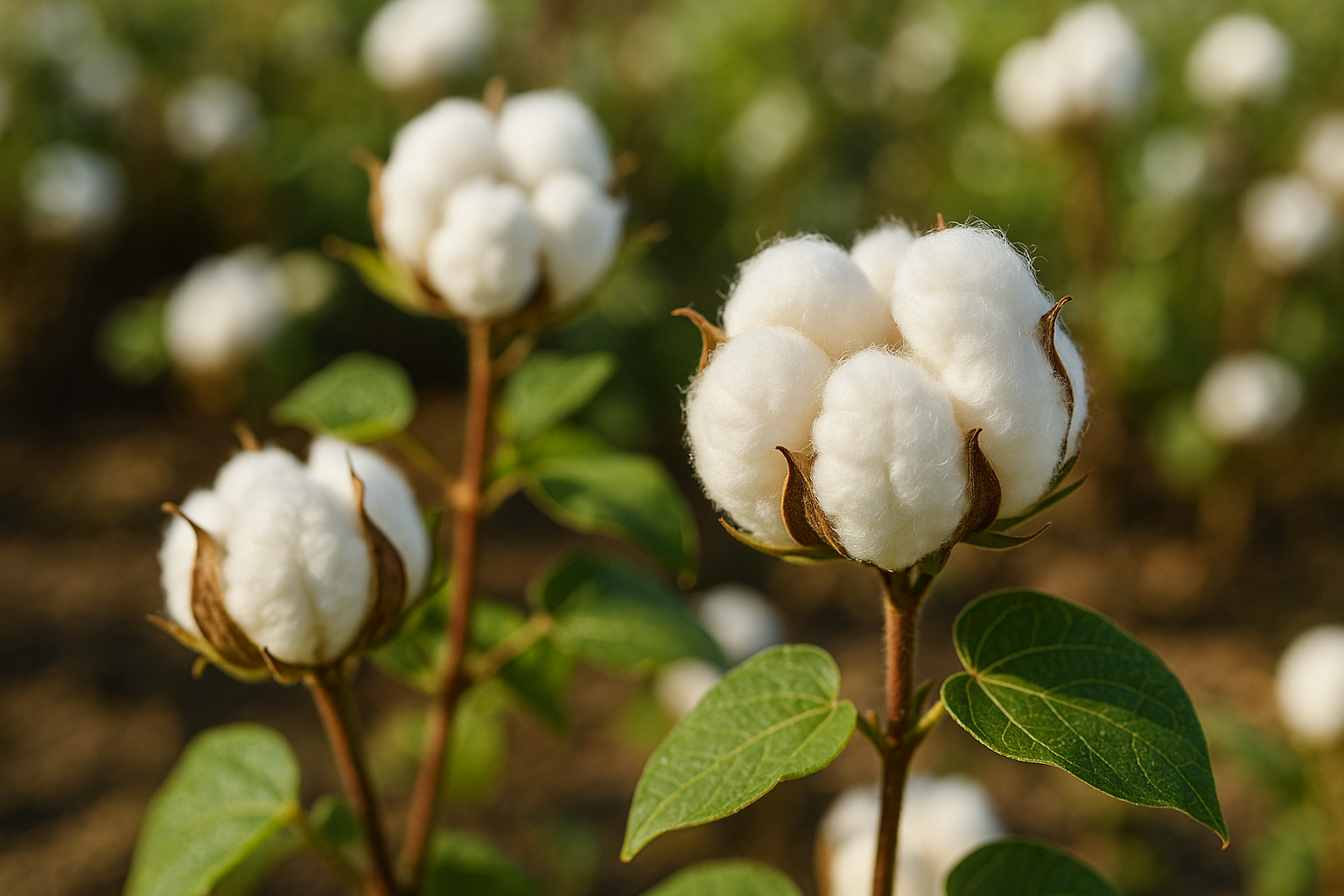 Close-up of organic cotton plant with fluffy white buds and green leaves in the field — natural fiber used in VELU sustainable fashion
