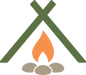 Minimalist VELU logo with green tent and orange campfire — symbolizing outdoor adventure and sustainable living