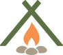 Minimalist VELU logo with green tent and orange campfire — symbolizing outdoor adventure and sustainable living