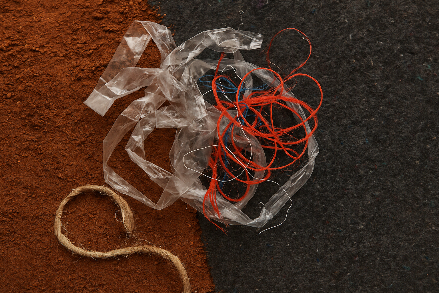 Visual contrast between plastic string waste and natural fiber rope on earthy background, illustrating sustainability awareness by VELU Canada